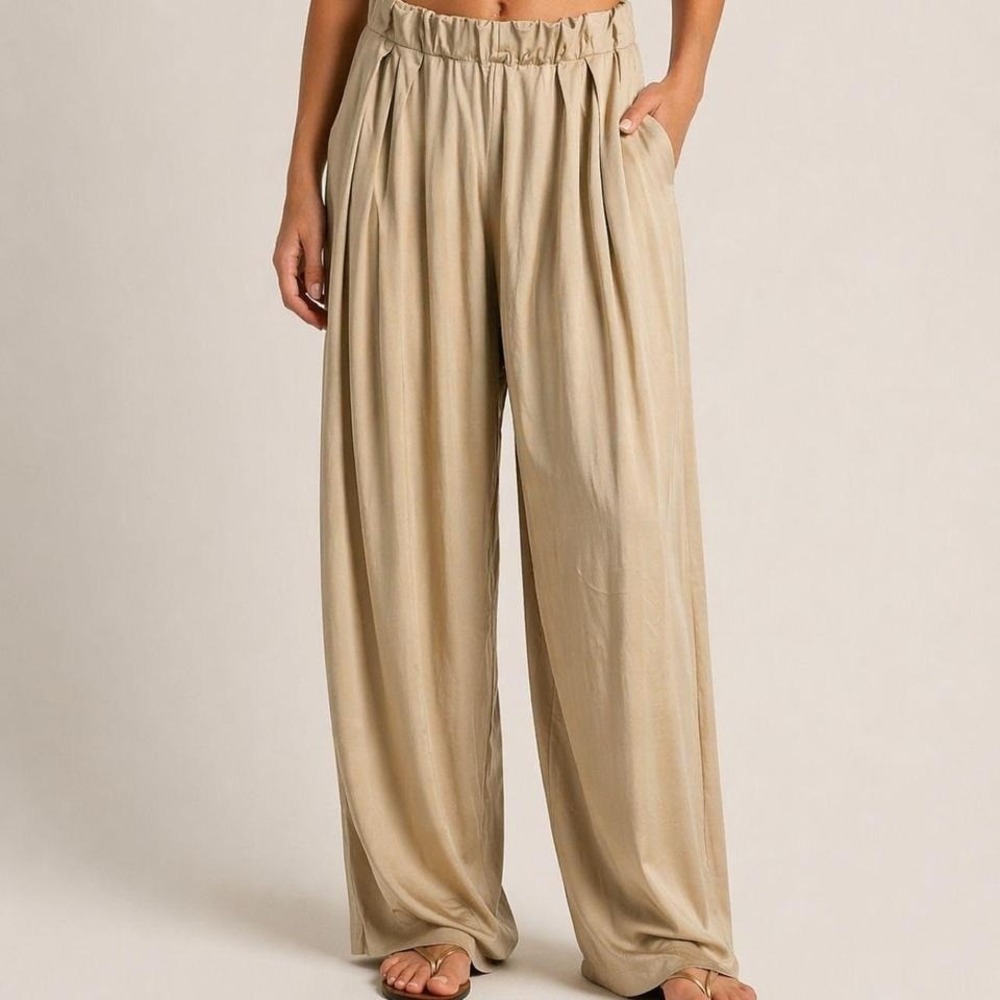 UEU Womens High Waisted Wide Leg Pants Khaki Tan Pleated Elastic Waist Large NWT